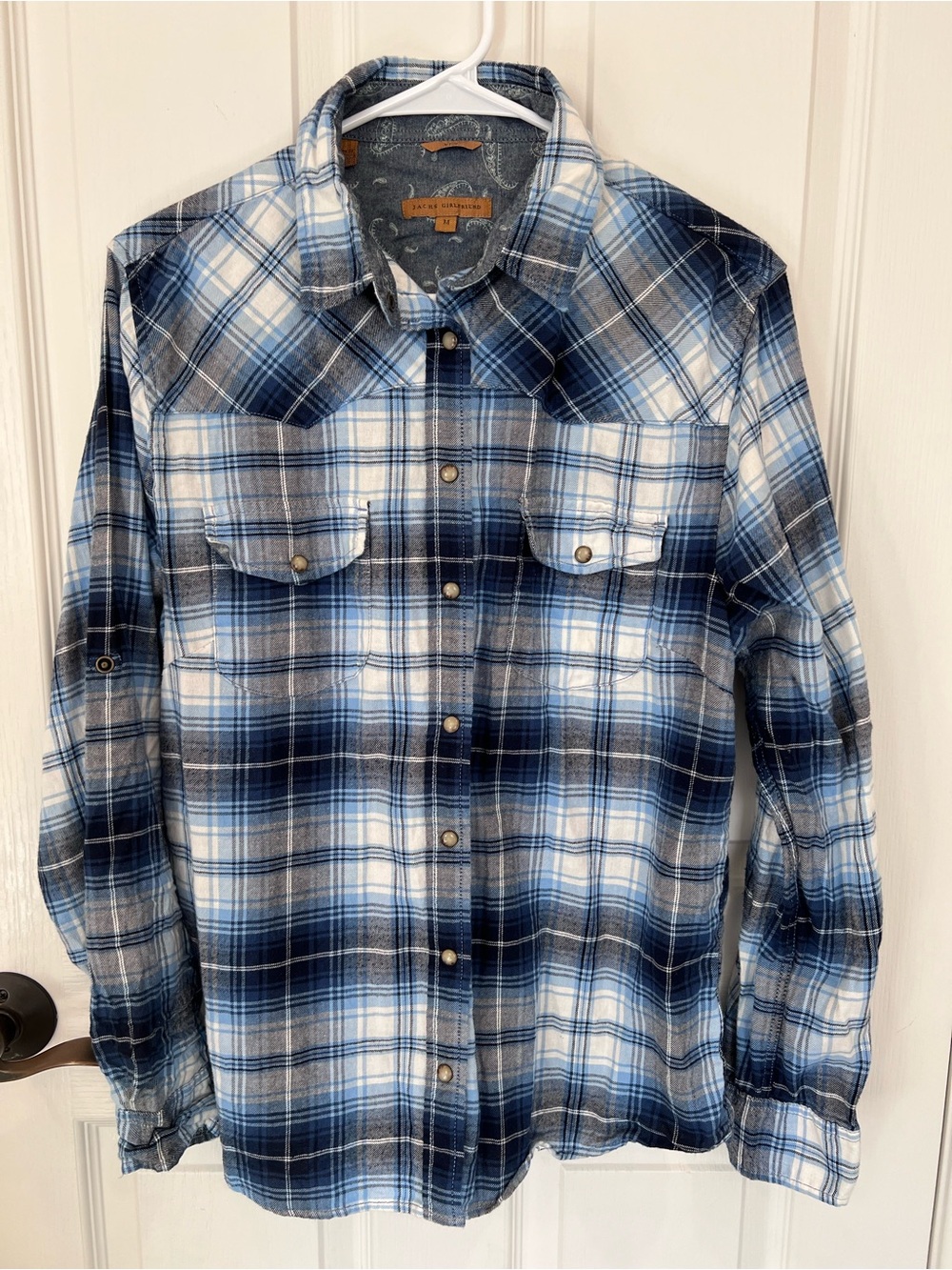 JACHS Girlfriend Bea Blue and White Plaid Button-Down Shirt